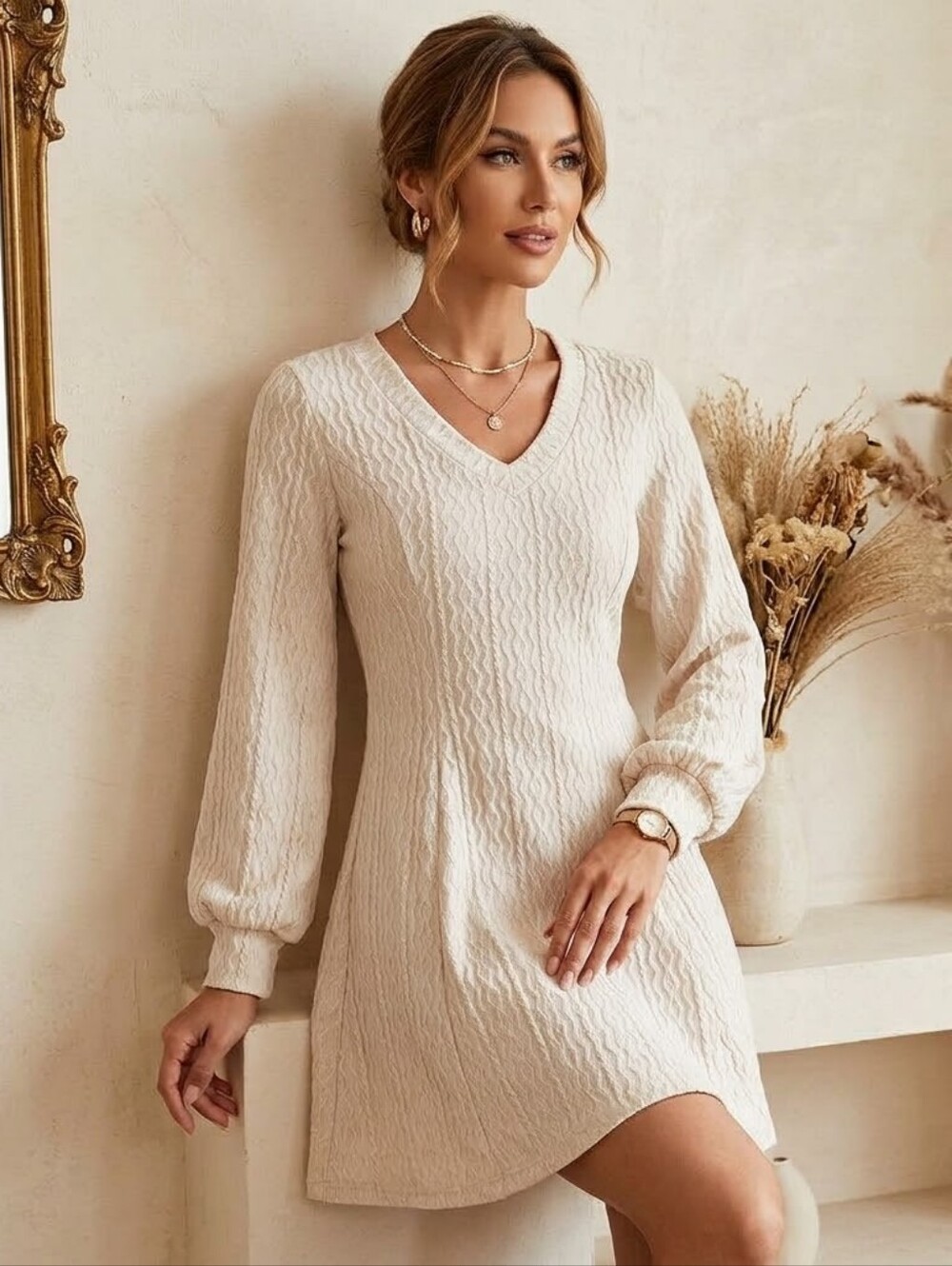SHEIN Clasi Cream Solid A Line Dress Medium